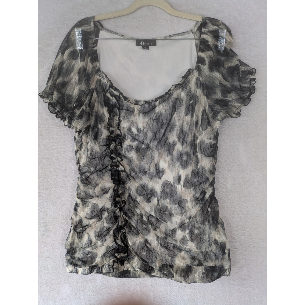 AB Studio Blouse Women's XL Black Tan Animal Print Ruffle Front Mesh Overlay
